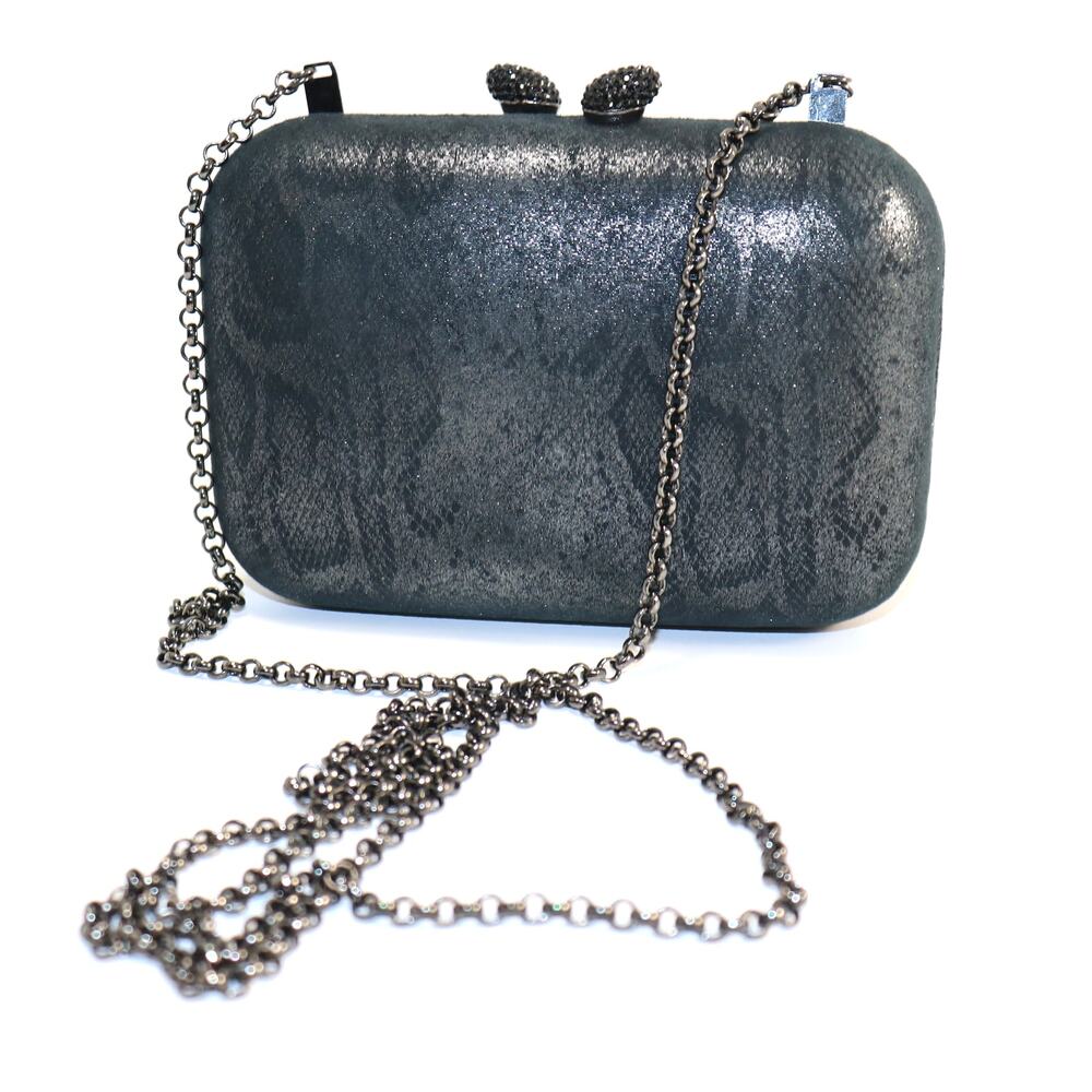 Kotur Metallic Gray Snakeskin Hardcase Clutch with Chain Strap‎